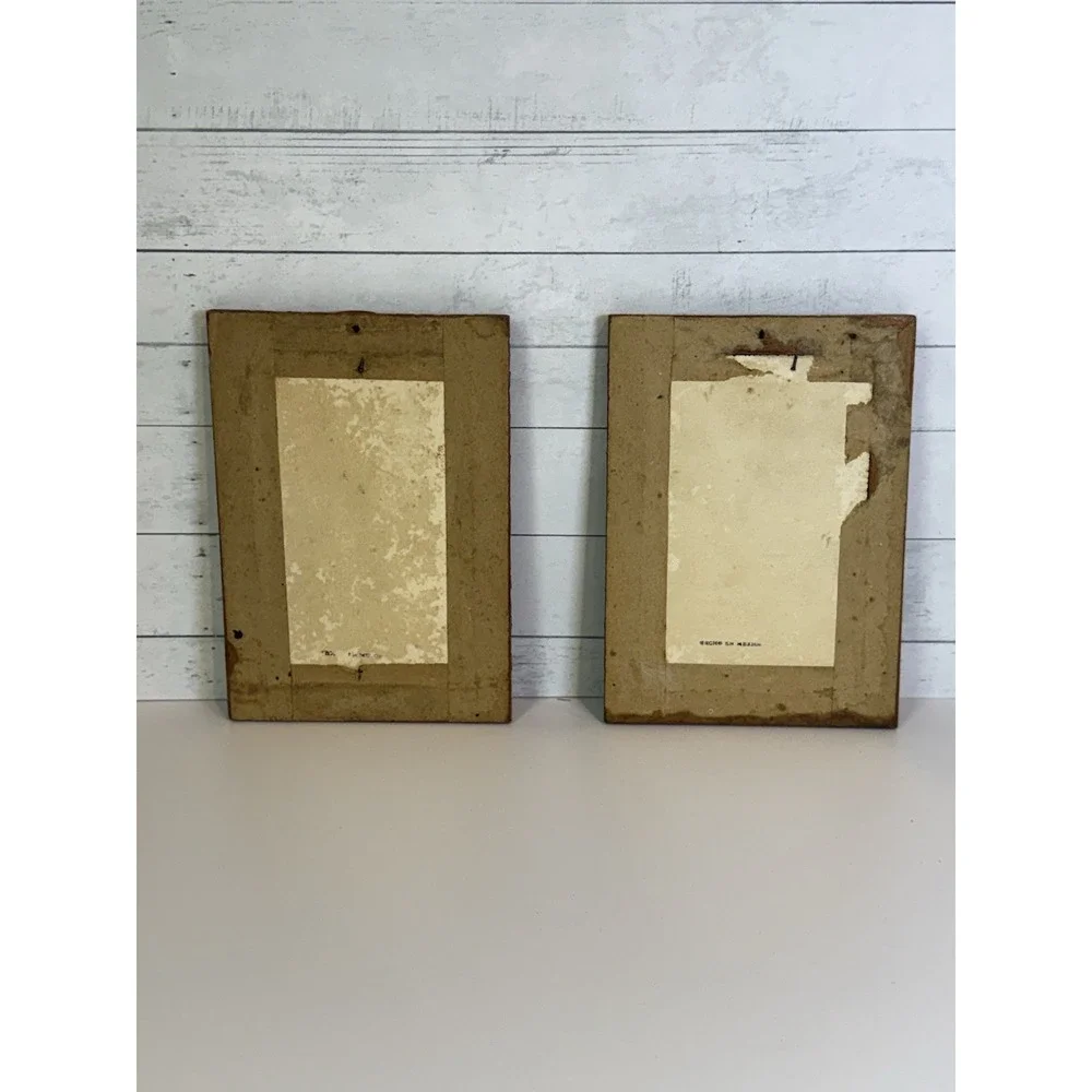 Vintage Set of 2 Feather Bird Art Pictures Carved Wood Frames Mexico